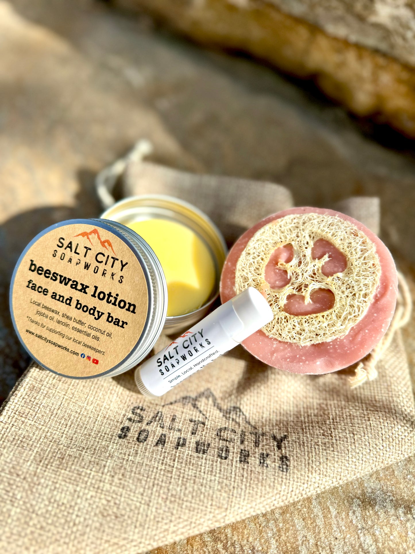 eco-friendly gift set with Utah salt soap, beeswax lotion, and peppermint lip balm