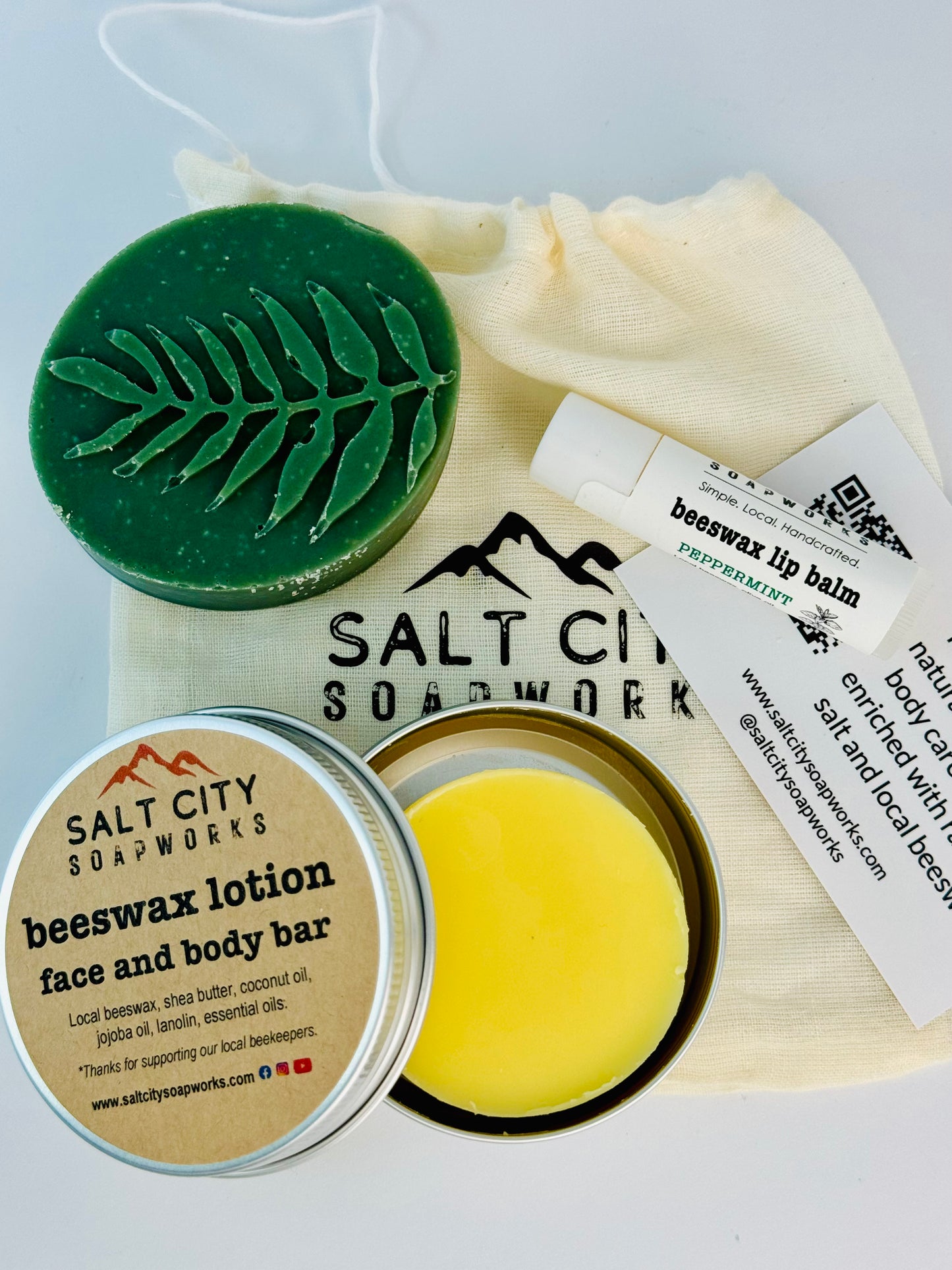 Natural gift set with Utah salt soap, beeswax lotion, and peppermint lip balm